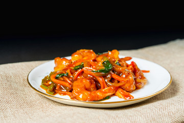 wok fried Shrimp stir fry with sweet peppers and chinese vegetables