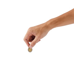 Female hand holding coin isolated on white background with clipping path.