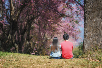 Loving couple under a big tree in the park in autumn