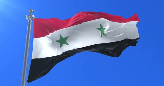 Flag of Syria waving at wind with blue sky in slow, loop