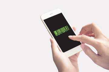 hand holding using mobile phone.girl using smart phone.barcode