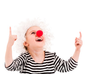Smiling girl in white wig and pointing up