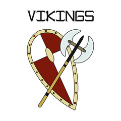 Bright vector illustration of the Scandinavian life. Fighting tools of Vikings.