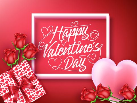 Happy Valentines Day Greeting Inside the Frame with Heart, Gift and Flowers in Red Background. Vector Illustration.
