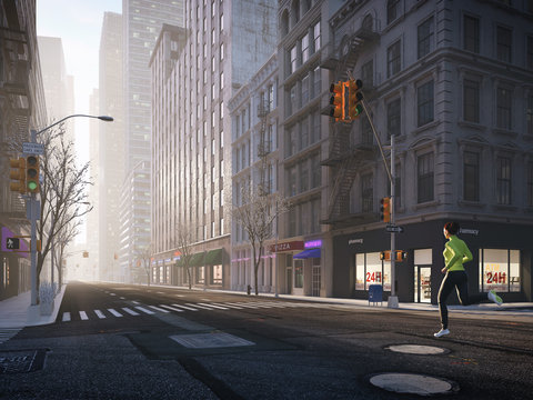 young woman jogging alone in the streets of city. 3d rendering
