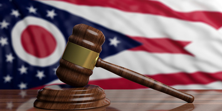 Judge or auction gavel on Ohio US America flag background. 3d illustration