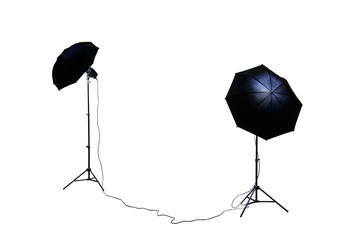 Lighting for photography indoors isolated on white background. Soft boxes with racks - light for photo and video reviews and blogs. Studio the lenses to regular light sources. 