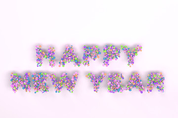 Happy New Year words from colorful balls on white background