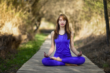 Fototapeta na wymiar Young beautiful woman doing yoga in nature