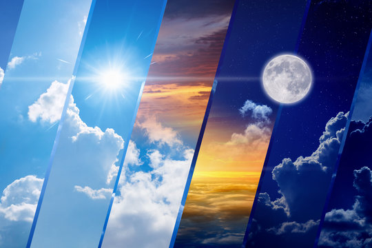 Weather forecast collage, day and night, light and darkness, sun and moon
