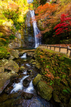 vertical image of beautiful Minoo Waterfall in colorful autumn season in Minoo Park, Osaka, Japan