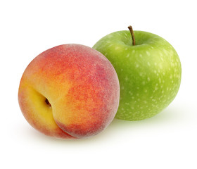 Green apples and peach isolated on a white background.