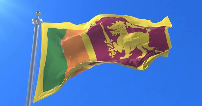 Flag of Sri Lanka waving at wind in slow in blue sky, loop