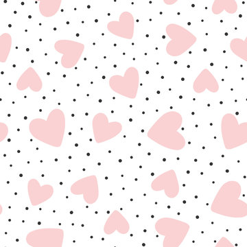 Repeated hearts and polka dot. Cute romantic seamless pattern.