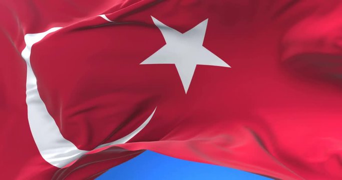 Flag of Turkey waving at wind in slow in blue sky, loop