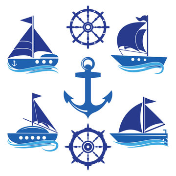 A set of icons of a yacht, a helm, a sailboat, a rope.