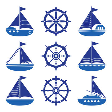 A set of icons of a yacht, a helm, a sailboat, a rope.