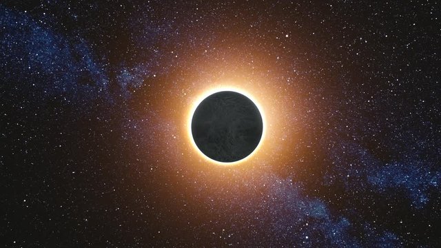 Full solar eclipse. The Moon approach and cover the visible Sun with gold diamond ring effect. Abstract scientific background. High detail 4k. 3D Render. Zoom. Elements of this image furnished by NASA