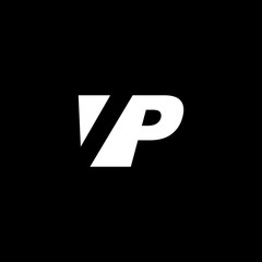 Initial letter VP, negative space logo, white on black background