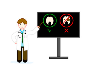 A physician character indicating the need to monitor the health of the teeth. Suitable for registration of a health magazine or a website.