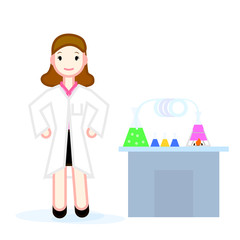 The doctor's character is next to the table with medicines and scientific examinations. Suitable for registration of a health magazine or a website.