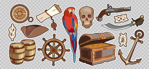 Treasure chest parrot steering wheel skull rum saber pirate hat, pirate stickers. Pirate vintage elements. Sea adventure stories set