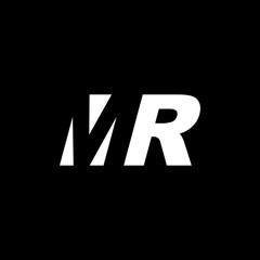 Initial letter MR, negative space logo, white on black background