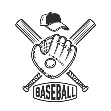 Emblem with crossed baseball bat and baseball glove. Design element for logo, label, emblem, sign, badge.
