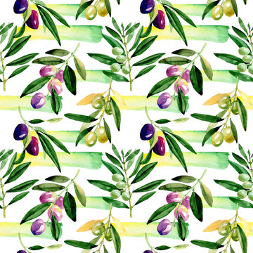 Olive tree pattern in a watercolor style. Full name of the plant: Branches of an olive tree. Aquarelle olive tree for background, texture, wrapper pattern, frame or border.