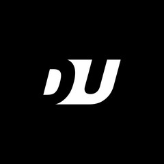 Initial letter DU, negative space logo, white on black background