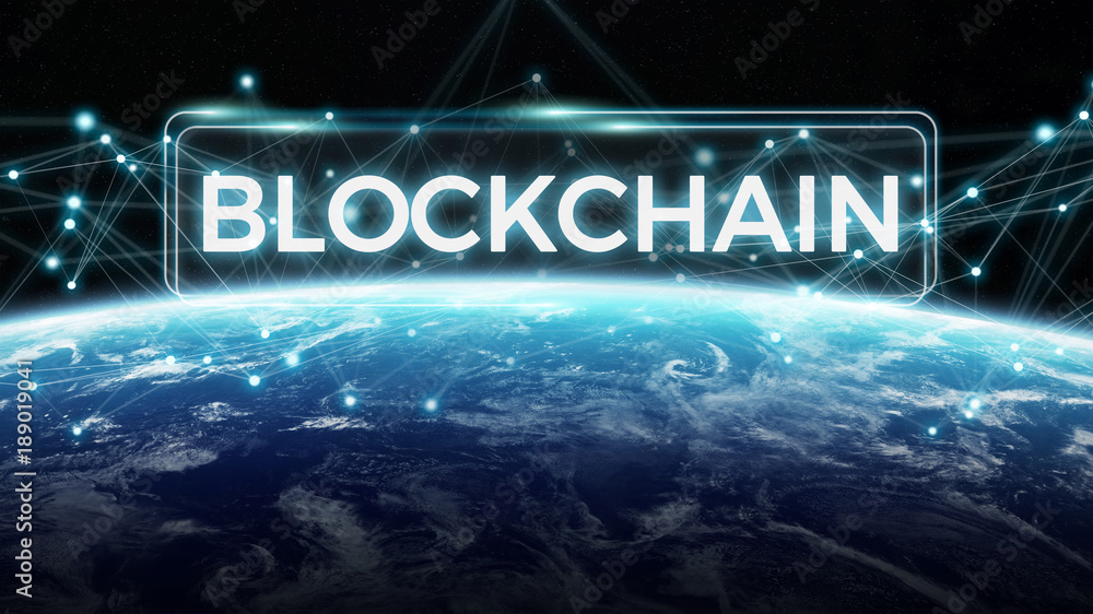 Poster blockchain on planet earth 3d rendering