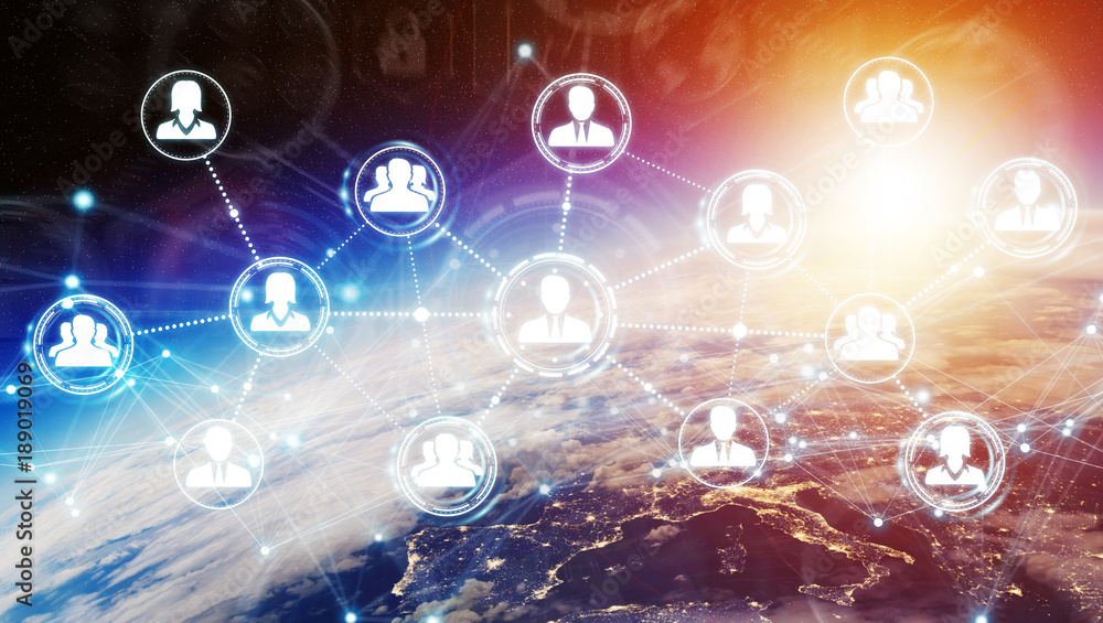 Poster Digital social network on planet Earth 3D rendering