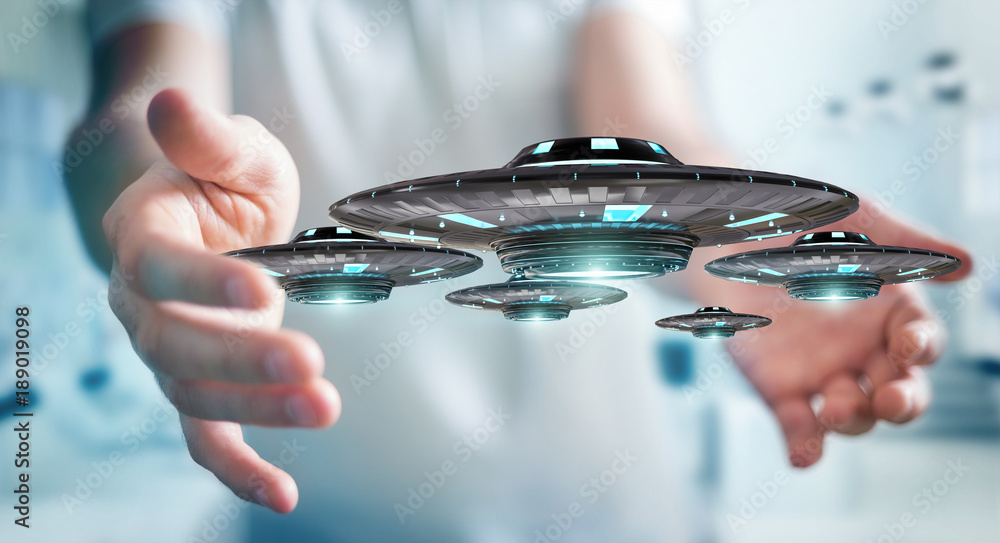 Poster businessman with retro ufo spaceship 3d rendering