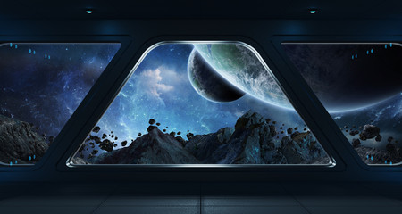 Fototapeta premium Spaceship futuristic interior with view on exoplanet