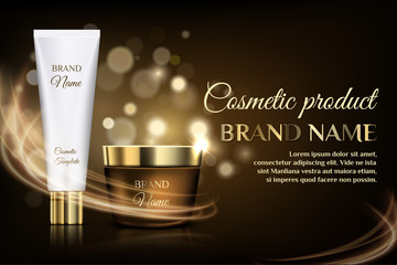 A beautiful cosmetic templates for ads design, realistic 3d golden jar and white tube for cream on a gold bokeh background with lighting flare effect