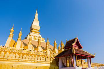 Fototapeta na wymiar VIENTIANE, LAOS - JANUARY 19, 2018: Wat Phra That Luang, One of the Most Sacred Temples in Vientiane,Religious architecture and landmarks of Vientiane, Laos