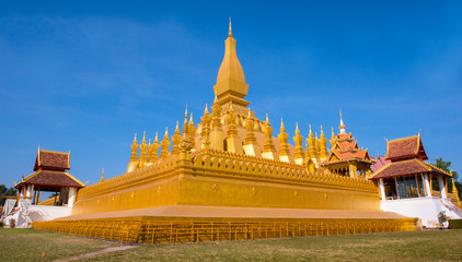 VIENTIANE, LAOS - JANUARY 19, 2018: Wat Phra That Luang, One of the Most Sacred Temples in Vientiane,Religious architecture and landmarks of Vientiane, Laos