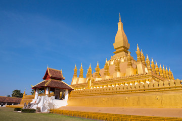 Fototapeta na wymiar VIENTIANE, LAOS - JANUARY 19, 2018: Wat Phra That Luang, One of the Most Sacred Temples in Vientiane,Religious architecture and landmarks of Vientiane, Laos