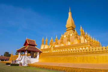 Fototapeta premium VIENTIANE, LAOS - JANUARY 19, 2018: Wat Phra That Luang, One of the Most Sacred Temples in Vientiane,Religious architecture and landmarks of Vientiane, Laos