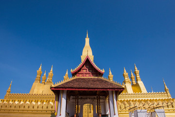 Fototapeta premium VIENTIANE, LAOS - JANUARY 19, 2018: Wat Phra That Luang, One of the Most Sacred Temples in Vientiane,Religious architecture and landmarks of Vientiane, Laos
