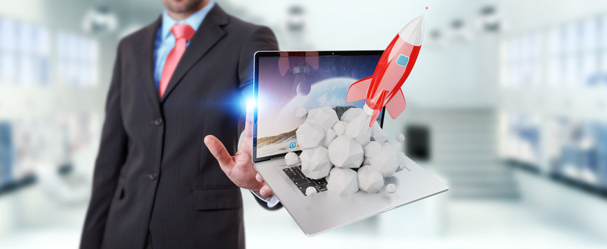 Businessman with rocket launching from a laptop 3D rendering