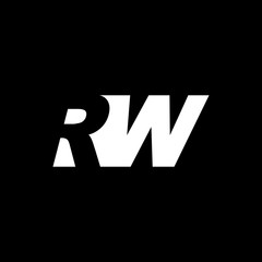 Initial letter RW, negative space logo, white on black background