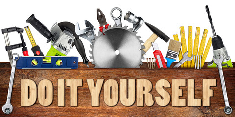 DIY tools collage wooden plank concept