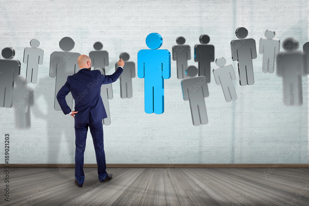 Poster businessman in front of a wall with network connection people linked each other - 3d rendering