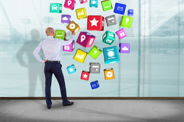 3D render Colorfull application cube displayed on a futuristic interface