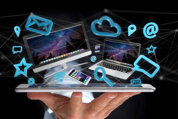 Fototapeta premium Devices like smartphone, tablet or computer flying over connection network and app- 3d render