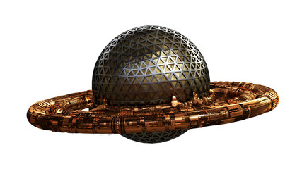 UFO, alien spaceship isolated on white background, flying saucer with steampunk look (3d rendering)   © dottedyeti