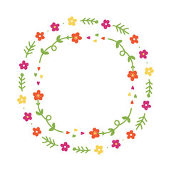 Cute vector doodle floral frame for spring and summer design isolated on white background.