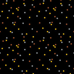 Metallic stars seamless pattern background. Golden, silver and bronze stars confetti, elements on black background.