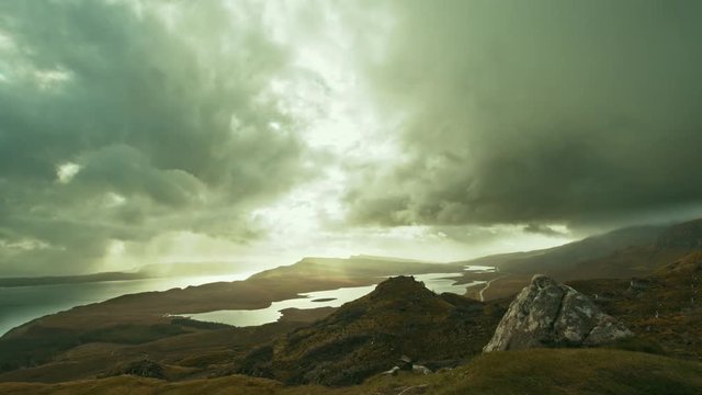 View of sea and mountains from top - Old Man of Storr - time-lapse, Isle of Skye, Scotland
